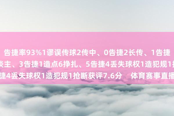 告捷率93%1谬误传球2传中、0告捷2长传、1告捷2射门、2射正3过东谈主、3告捷1造点6挣扎、5告捷4丢失球权1造犯规1抢断获评7.6分    体育赛事直播